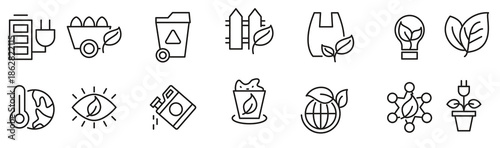 Ecology Environmental line icon set. Sustainable development, sustainability, net zero, climate crisis, recycle, electric, global, warming, pollution, earthquake, tsunam.