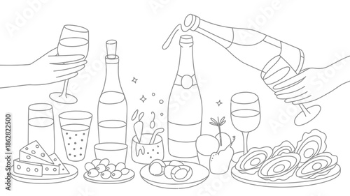 Black and White Illustration of Wine Bottle, Glasses, and Appetizers