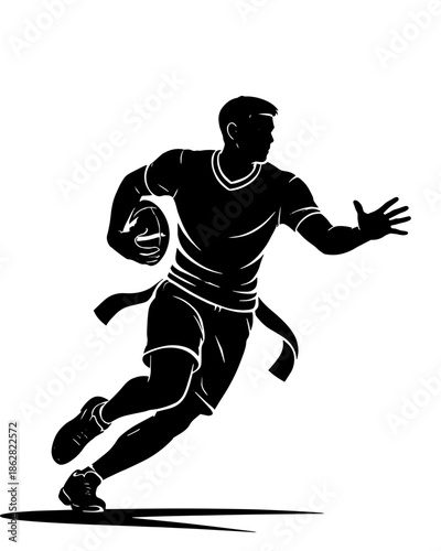Clean black silhouette of flag football player in dynamic running pose. Simple vector design perfect for sports logos, athletic branding, and recreational activity graphics.