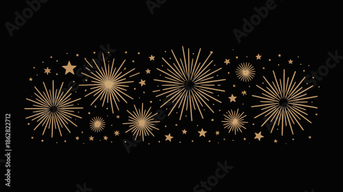 Golden Fireworks Explosion with Stars on Black Background