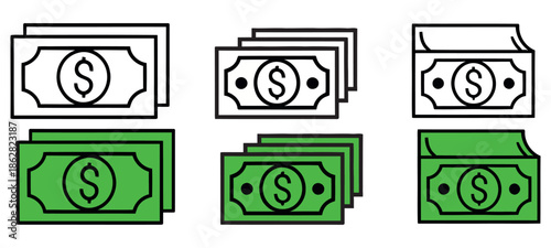 Icons of stacked dollar bills in outline and filled green variations for financial themes