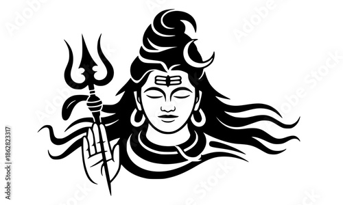Black Silhouette Lord Shiva Face with Trishul: Serene Hindu God Shiva Head with Third Eye, Crescent Moon, Long Hair and Trident, Spiritual Vector Illustration for Meditation