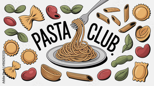 Colorful Pasta Club Illustration with Various Pasta Shapes