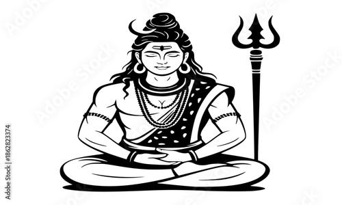 Black Line Art Meditating Lord Shiva with Trishul: Serene Hindu God Shiva in Lotus Pose, Crescent Moon, Snake Ornaments and Trident, Spiritual Vector Illustration for Yoga