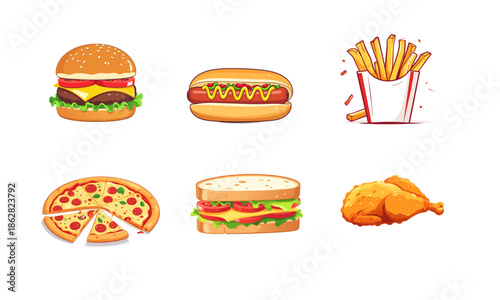 Fast Food Products Vector Set Isolated on White Background