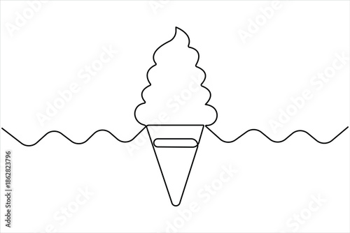 Continuous one line drawing of ice cream. delicious ice cream in waffle cone cold and sweet food for dessert vector illustration