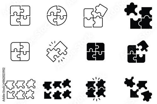 Puzzle pieces flat simple vector icon set. Vector black and white icon of puzzles. Simple pieces Puzzle black vector icon. vector illustration.