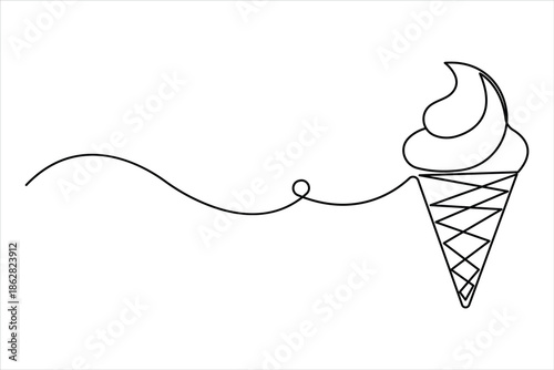 Continuous one line drawing of ice cream. delicious ice cream in waffle cone cold and sweet food for dessert vector illustration
