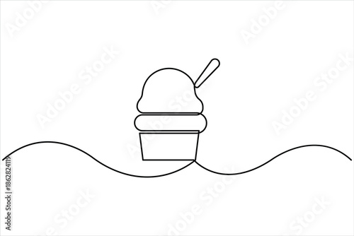 Continuous single line drawing of ice cream cup. Ice cream cup line art dessert, sweet and cold food illustration