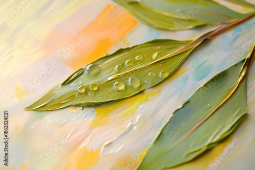 Close up of green willow leaves featuring detailed oil paint drops against a vibrant, impressionistic background exploring nature and art