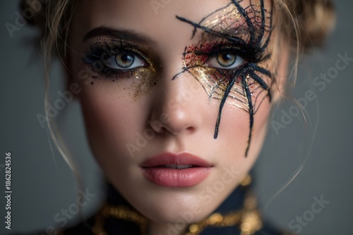 Woman's face with intricate spiderweb makeup, sparkling glitter, and vibrant eyeshadow around her eyes, creating a glamorous look