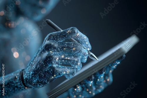 Android hand with digital circuit lines holding a stylus, writing on an advanced holographic notebook, representing ai and future technology