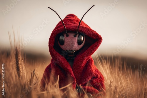 Conceptual artwork of a giant ant draped in a red robe with hood, standing in a golden wheat field under soft light