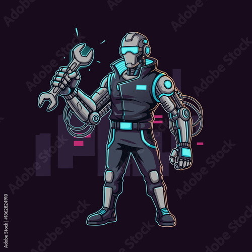 Futuristic mechanic character holding tools with cyber armor, sci fi technician illustration