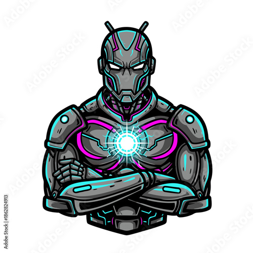 Futuristic android character with glowing energy core and cyber armor, sci fi robot illustration