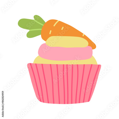 Cute easter carrot cupcake sticker illustration in pastel colors