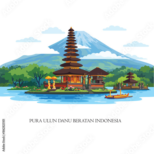 Pura Ulun Danu Beratan Bali Indonesia – Flat Vector Illustration