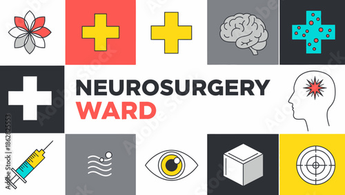 Neurosurgery ward concept illustration featuring medical icons and symbols for brain health