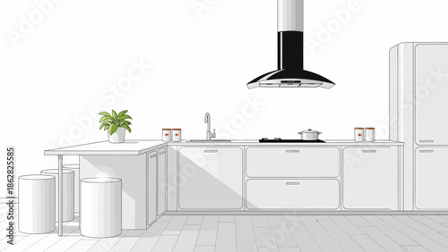 Minimalist white modern kitchen interior with island, sleek appliances, and a vibrant green plant