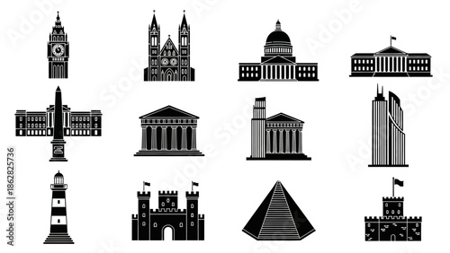 Iconic world landmarks and architectural masterpieces silhouettes set on a white background