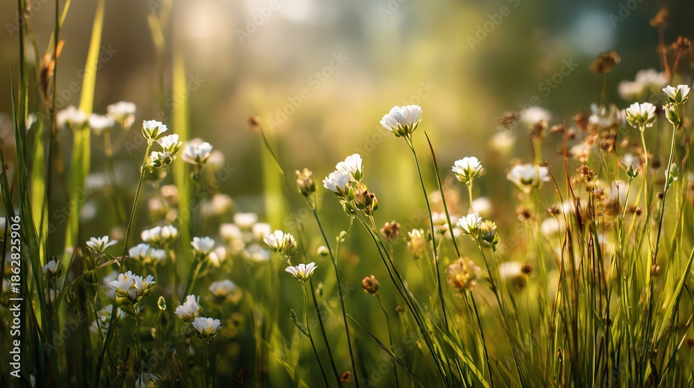 Obraz premium A serene landscape filled with delicate wildflowers gently swaying in the breeze, basking in the warm sunlight, creating a peaceful and picturesque scene of nature's beauty.