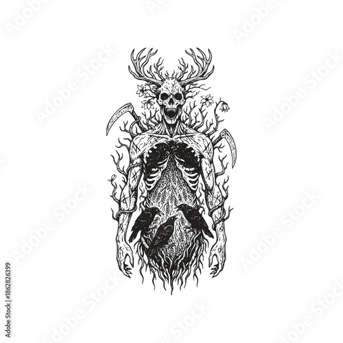 Grim dark fantasy engraving of an undead druid spirit with a deer skull head, antlers, and ravens, entwined with thorny vines and scythes.