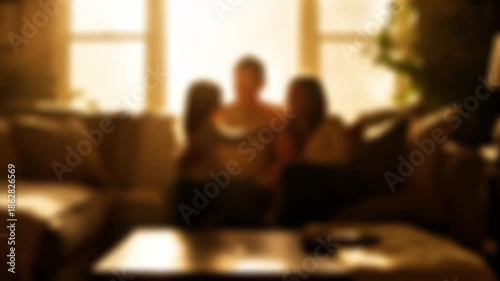 blurry video of a family sitting on a sofa, bathed in warm, soft light from the window.