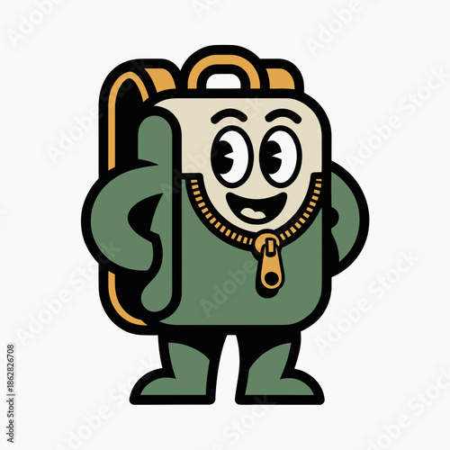A friendly anthropomorphic cartoon backpack character with a zipper mouth and big eyes, standing on a white background.