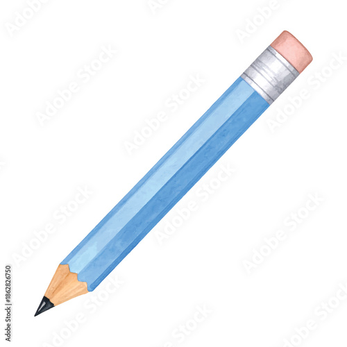 Watercolor blue pencil with pink eraser and sharpened tip writing vector illutrastion transparent background