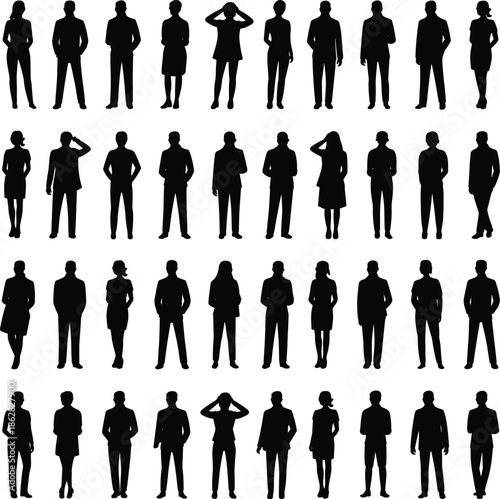 Silhouettes, of, business, people, standing, professional, men, and, women, corporate, office, team, group, staff, success, workplace, diversity, isolated, black, illustration