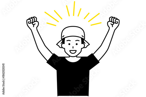 バンザイで喜ぶ居酒屋の男性店員