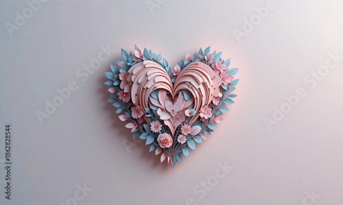 A delicate pink heart shape adorned with blue leaves and soft pink flowers on a light background, symbolizing love and affection in a minimalist floral arrangement