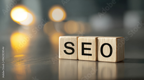 SEO wooden blocks with glowing lights search engine optimization digital marketing business growth use