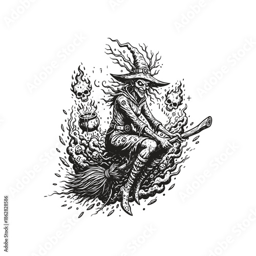 Grim dark fantasy engraving of a wicked witch flying on a broomstick, surrounded by flaming skulls, a magical cauldron, and swirling mystical energy.
