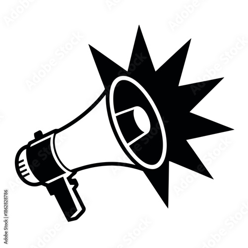 A black and white illustration of a megaphone emitting sound waves.