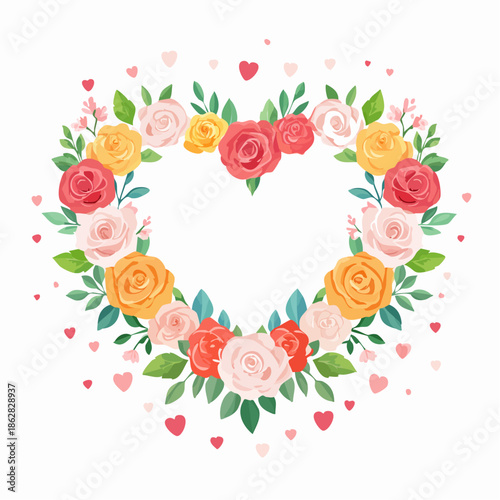 Heart-shaped floral frame with roses and leaves in flat vector style. Ideal for Valentine’s Day cards, wedding invitations, packaging, and romantic designs.