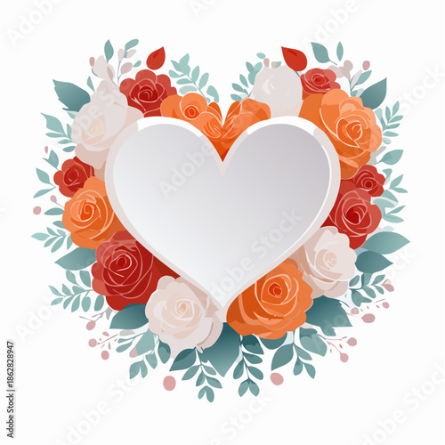 Heart-shaped floral frame with roses and leaves in flat vector style. Ideal for Valentine’s Day cards, wedding invitations, packaging, and romantic designs.