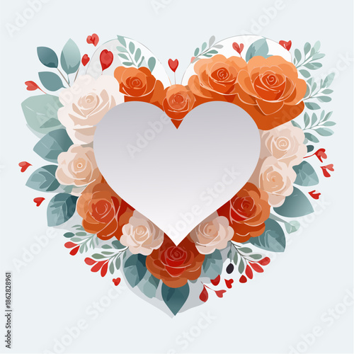 Heart-shaped floral frame with roses and leaves in flat vector style. Ideal for Valentine’s Day cards, wedding invitations, packaging, and romantic designs.
