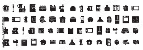 Black silhouettes of kitchen appliances icons set on white background. concept of cooking tools, household electronics, kitchen devices, culinary equipment, design elements
