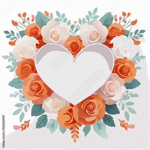 Heart-shaped floral frame with roses and leaves in flat vector style. Ideal for Valentine’s Day cards, wedding invitations, packaging, and romantic designs.