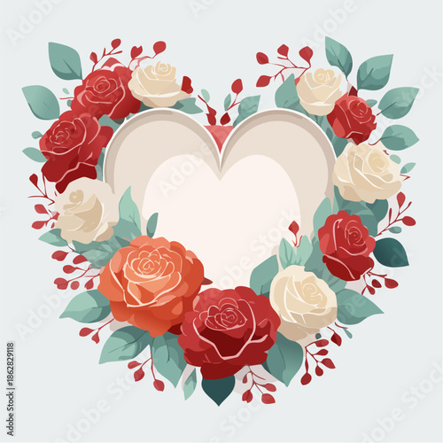 Heart-shaped floral frame with roses and leaves in flat vector style. Ideal for Valentine’s Day cards, wedding invitations, packaging, and romantic designs.
