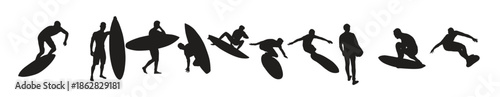 collection of surfers sea silhouettes in different poses