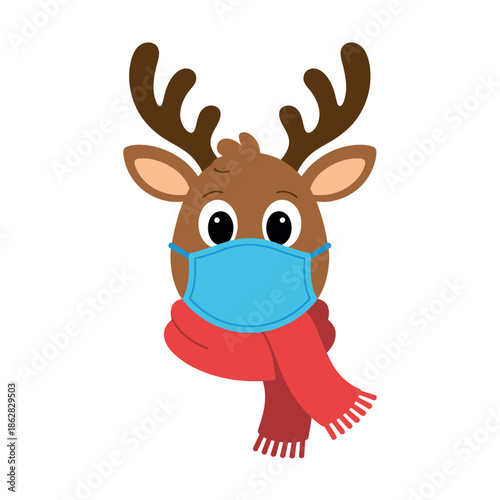 A cartoon reindeer wearing a face mask and a red scarf during winter