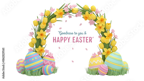 Brightly colored decorative Easter eggs nestled in green grass form a festive archway beneath vibrant yellow tulips and small pink blossoms wishing everyone goodness and a happy Easter celebration