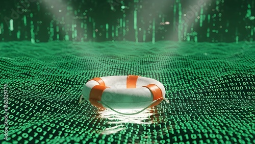 Digital life preserver floating on a vibrant sea of flowing green binary code representing essential data security in a complex cyberspace environment concept