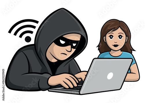 A hacker in a hooded sweatshirt uses a laptop while a woman looks on, symbolizing cybercrime and data theft.