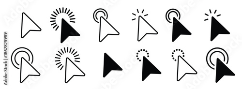 Pointer, mouse, click, Hand cursor flat and line icon set. Computer, button, progress, licking cursor, pointing hand clicks, waiting loading icons pack. Vector illustration