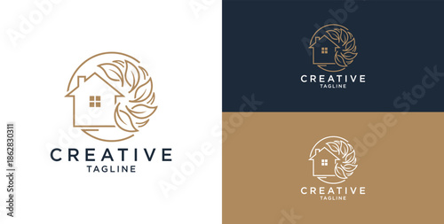 Line art icon logo of a house/residence with a circle of leaves.