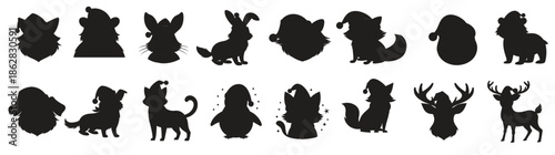 Set of Cute Christmas Animals in Festive Santa Hats isolated on White Background. Concept of Christmas, Cute Winter Animals, Minimalist Style, Seasonal Decoration. Print, design elements.