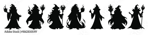 Set of Cartoon wizards isolated on a white background. Concept of fantasy character, magic, mystical figure, medieval sorcerer. Print, icon, design element. Clip art. Illustration